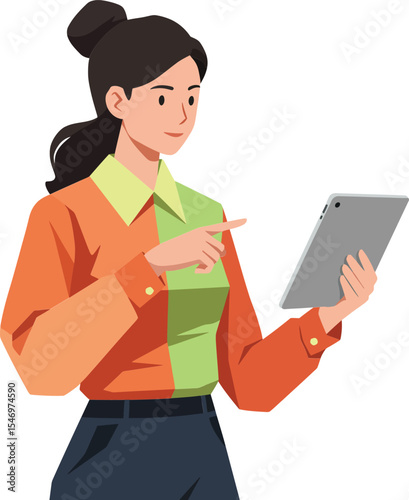 Woman using digital tablet in orange shirt and green blouse engaging with technology vector illustration 