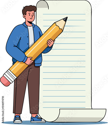 Young man holding giant pencil with long paper scroll writing concept vector illustration 