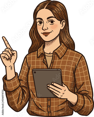 Young woman holding digital tablet pointing finger with confident expression in brown checkered shirt vector illustration 