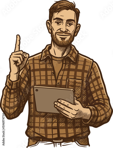 Man holding digital tablet pointing up with finger wearing checkered shirt in vector illustration