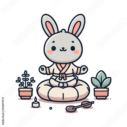 Meditating Bunny Character in White Background Illustration
