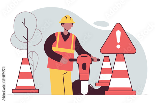 
A construction worker operating a jackhammer, surrounded by traffic cones and a warning sign, depicting road work or construction.
