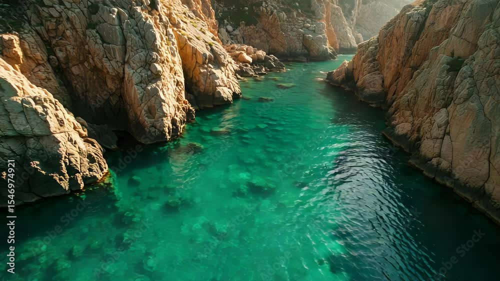 Turquoise Water Flows Between Rocky Cliffs In Natural Light Summer Landscape Turquoise Water Flows Between Rocky Cliffs In Natural Light Summer Landscape