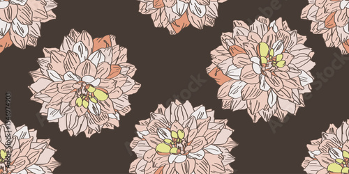 Pink Dahlia flower pattern in brown background. Hand drawing.