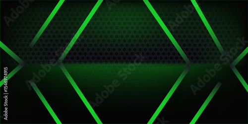 Dark abstract vector background with hexagon carbon fiber. Technology background with honeycomb grid and green luminous lines. Futuristic luxury modern backdrop.