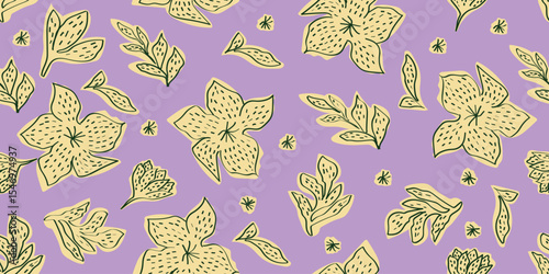 Hand drawn flowers, seamless patterns with floral for fabric, textiles, clothing, wrapping paper, cover, banner, home decor, abstract backgrounds. Vector illustration.Purple background.