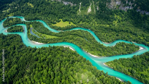 Turquoise River Winding Through Lush Green Forest Aerial Scenic Landscape View