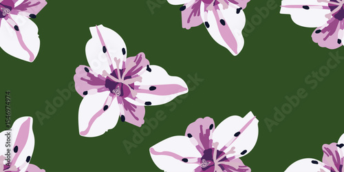 Hand drawn flowering rush flowers, seamless patterns with floral for fabric, textiles, clothing, wrapping paper, cover, banner, home decor, abstract backgrounds. Vector illustration.Green background.