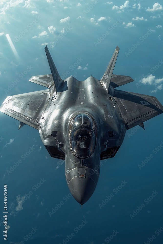 Naklejka premium Close-Up of Modern Stealth Fighter Jet in Flight with Clean Blue Sky Background