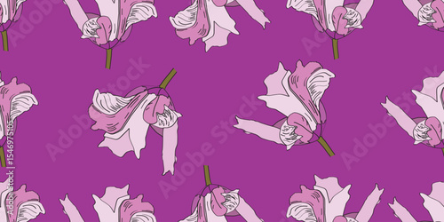 Abstract pink and purple flower seamless pattern.Purple background. Hand draw flower.