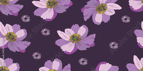 Abstract pink and purple flower seamless pattern.Purple background. Hand draw flower.