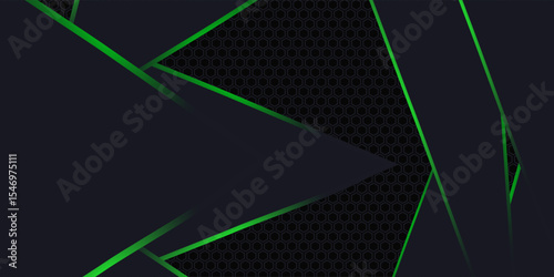 Dark abstract vector background with hexagon carbon fiber. Technology background with honeycomb grid and green luminous lines. Futuristic luxury modern backdrop.