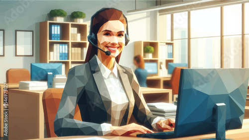 A female customer service person with a headset on her head smiles and poses in her office