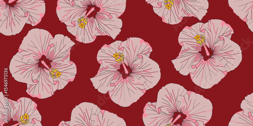 Pink Hibiscus flowers with red background seamless pattern for fabric textile wallpaper.