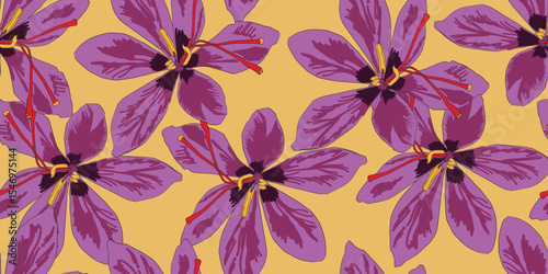 Saffron Crocus pattern. Seamless pattern with purple crocuses. Seamless pattern on orange background. Background illustration. Wrapping background.