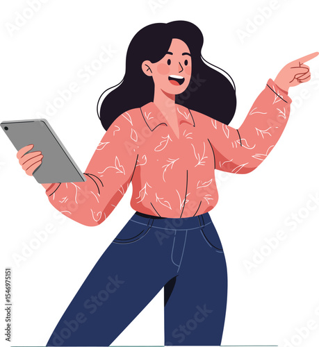 Young woman holding tablet and pointing to the side with happy expression on turquoise background cheerful vector illustration 