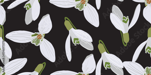 Snowdrop flowers pattern.Hand drawn flowers, seamless patterns with floral for fabric, textiles, clothing, wrapping paper, cover, banner, home decor, abstract backgrounds. Vector illustration. 
