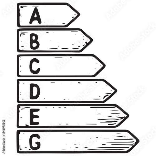 A hand-drawn sketch of an energy efficiency scale (A-G), symbolizing sustainable living, eco-friendly practices, and energy conservation in a minimalist, artistic style