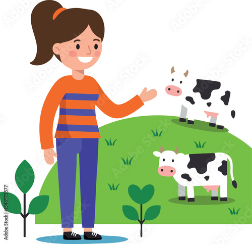 Girl with cow farm animals on green hill vector illustration in casual outfit smiling 