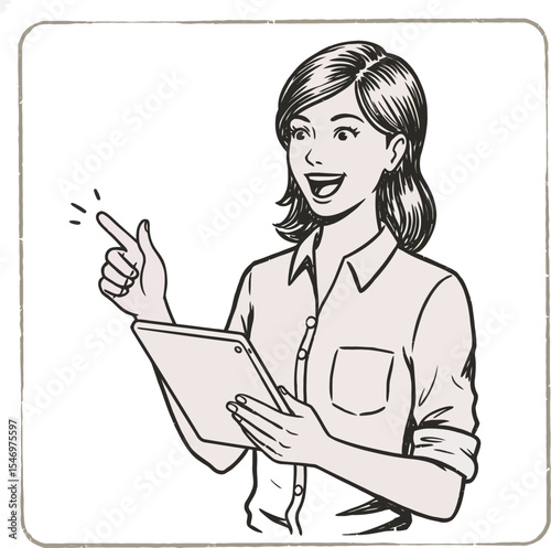 Young woman holding tablet and pointing finger in vintage style vector illustration