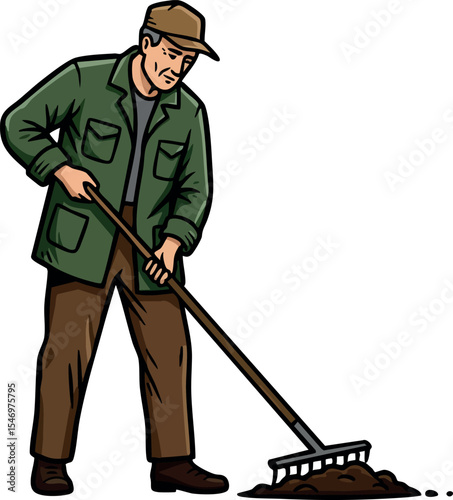 Man gardening with rake working on soil in casual clothing vector illustration 