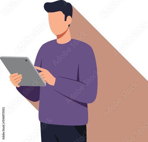Man using digital tablet in purple sweater with long shadow on peach background vector illustration 