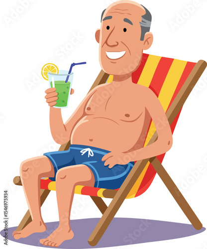 Elderly man relaxing on striped deck chair with cold drink summer leisure vector illustration 
