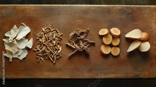 Dried medicinal herbs arranged on a wooden surface.