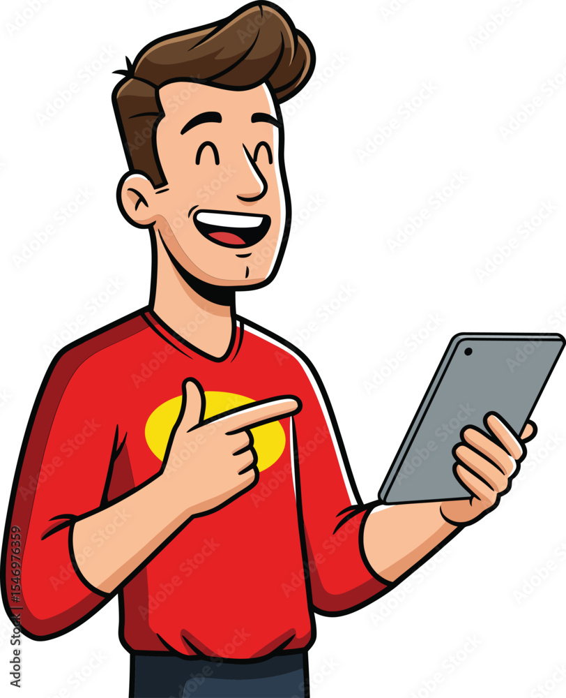 Young man using tablet digital device smiling and pointing at screen with red background vector illustration Young man using tablet digital device smiling and pointing at screen with red background vector illustration