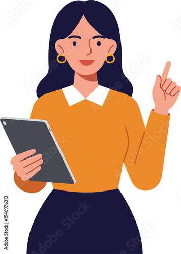 Woman holding digital tablet and pointing finger digital illustration with orange sweater and blue background vector art 