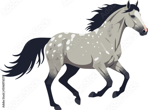 Running dapple gray horse with flowing black mane and tail vector illustration 