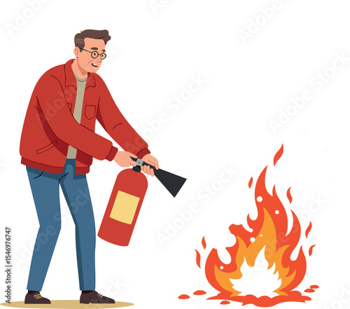 Man Using Fire Extinguisher to Put Out Flames Safety and Emergency Response Vector Illustration 