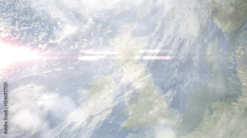 Earth zoom in from space and focus on Kilwinning, Scotland, North Ayrshire, Great Britain. Background for travel intro or blog. Satellite view. 3D style Animation. Images from NASA.