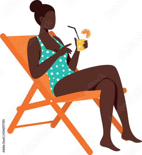 Woman Relaxing on Orange Deck Chair Wearing Polka Dot Swimsuit Drinking Juice Vector Illustration 