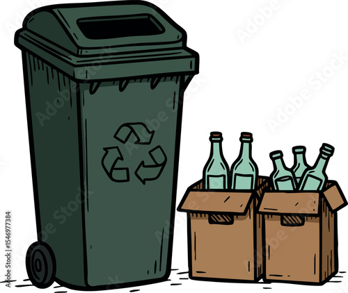 Recycling bin with cardboard boxes filled with glass bottles vector illustration for waste management and recycling awareness 