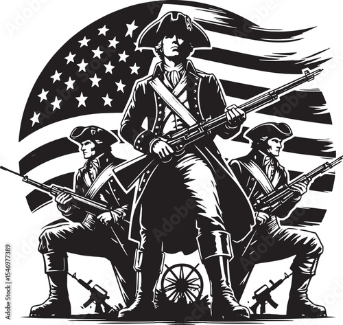 Bold black-and-white illustration of three American Revolutionary soldiers in tricorn hats, holding muskets, standing and kneeling against a dynamic U.S. flag background, symbolizing patriotism