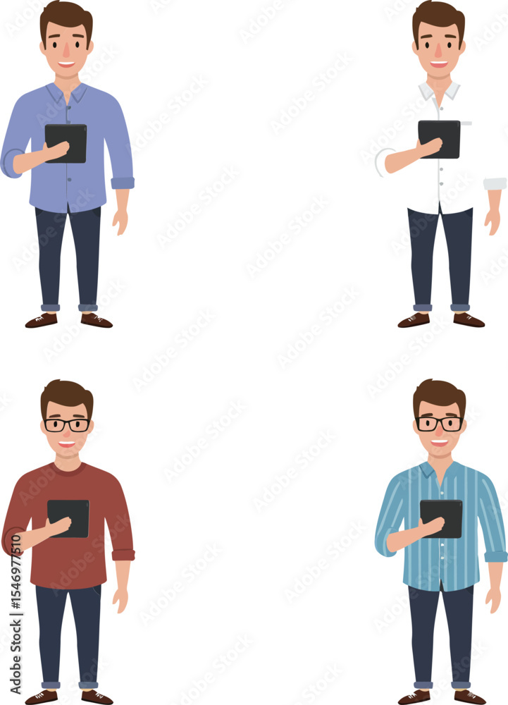 Young men holding smartphones in casual clothing standing on green background vector illustration Young men holding smartphones in casual clothing standing on green background vector illustration