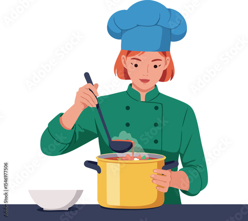 Female Chef Cooking Soup in Yellow Pot Wearing Blue Hat and Green Uniform Vector Illustration 