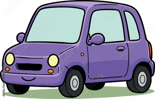 Purple compact car cartoon vector illustration with smiling face 