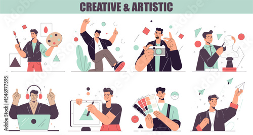 A vibrant collection of illustrations depicting various creative and artistic pursuits, showcasing individuals engaged in painting, photography, sculpture, graphic design, and music production.