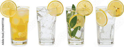 Set of six gin fizz cocktails with lemon, ice, foam and straws. Watercolor illustration of fizzy drinks in highball glasses with citrus garnish and mint on white background. Classic cocktail.
