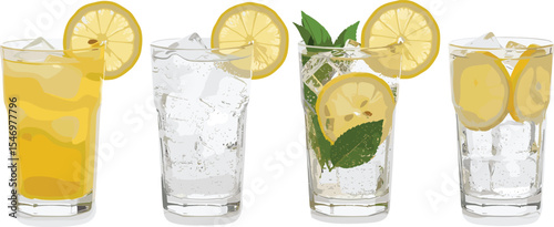 Set of six gin fizz cocktails with lemon, ice, foam and straws. Watercolor illustration of fizzy drinks in highball glasses with citrus garnish and mint on white background. Classic cocktail.