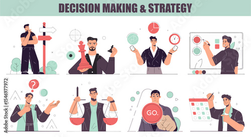 A dynamic set of illustrations depicting the multifaceted process of decision-making and strategy, featuring individuals navigating choices, planning, problem-solving, and executing plans.