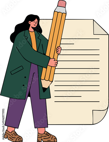 Woman holding giant pencil with large paper document writing concept illustration 