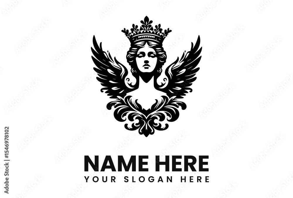 Obraz premium Ornate design featuring a crowned woman with wings, set against a white background.