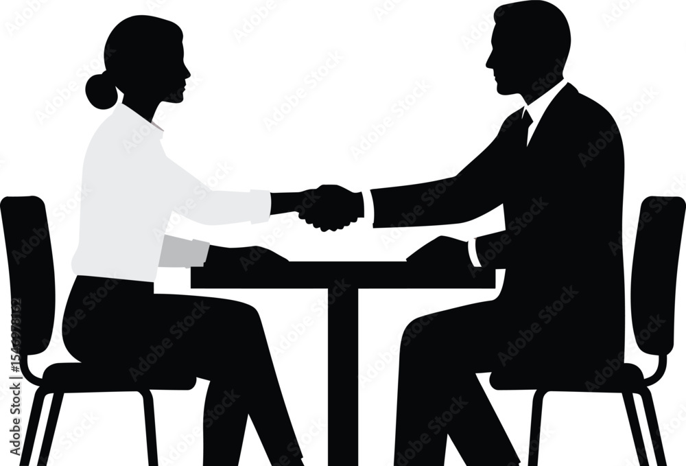 Obraz premium Business professionals shaking hands over table in red background vector illustration of partnership and agreement