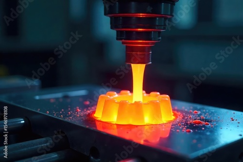 Molten plastic flows from an injection molding machine nozzle, filling a cavity The glowing, viscous material shapes and cools, demonstrating the manufacturing process , fluidity, movement