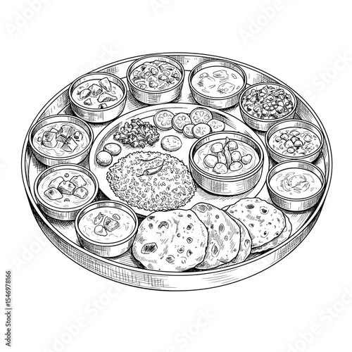 Indian thali with various dishes on a round metal plate  