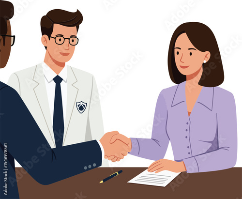 Business people shaking hands during professional meeting in office setting vector illustration 