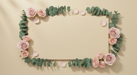 Floral frame with roses and eucalyptus